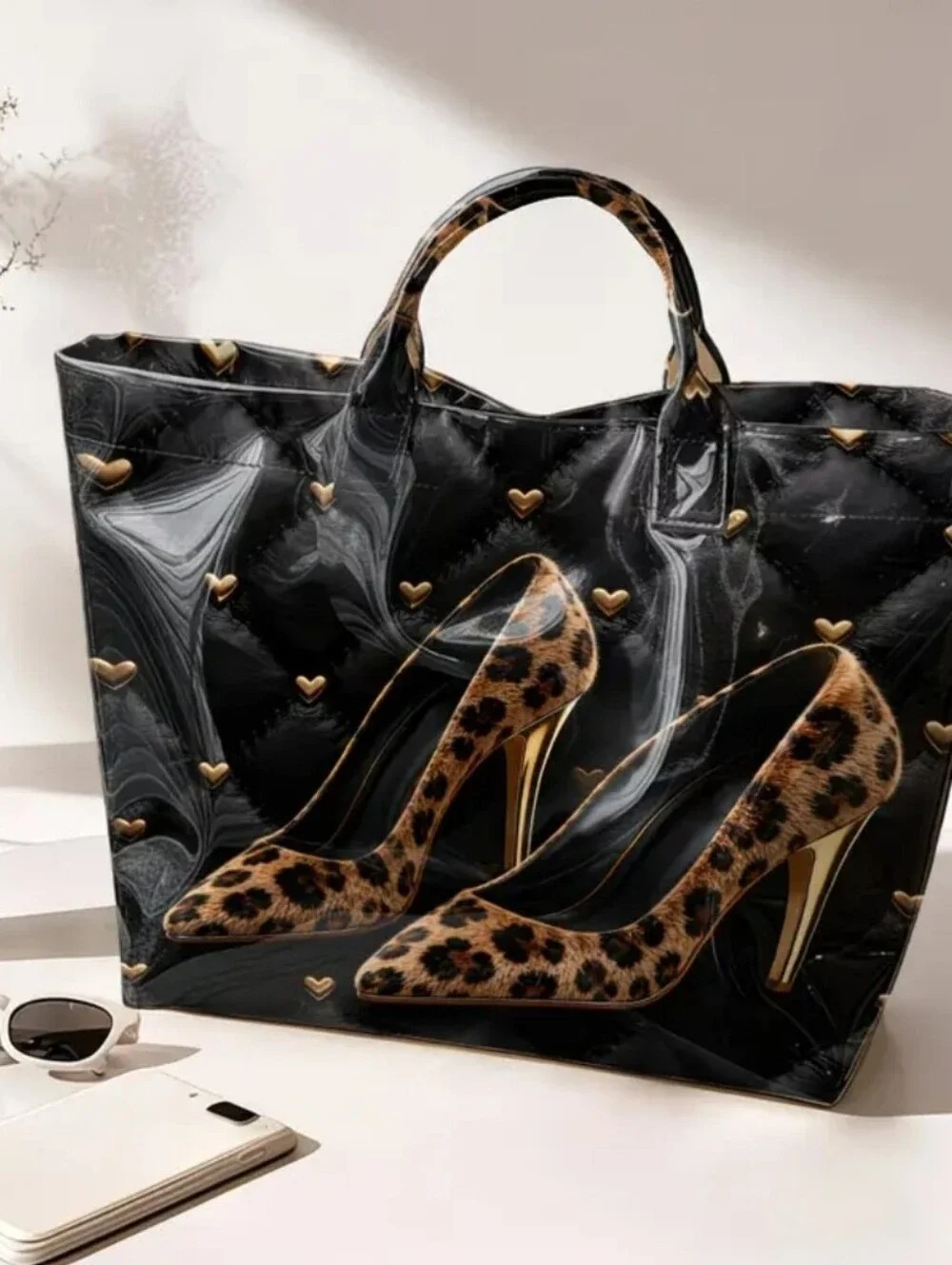 Women Stylish Leopard High Heel PVC Daily Commute Tote Bag